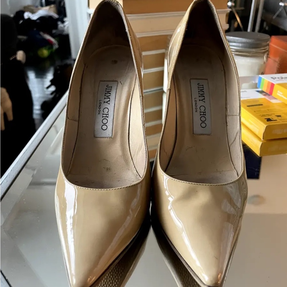Jimmy Choo Abel Patent Leather Pointy Toe Pump Nude 36.5